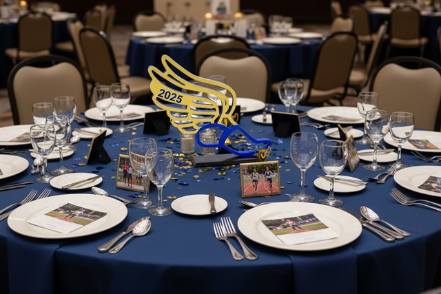 Flying track shoe centerpiece on a banquet table